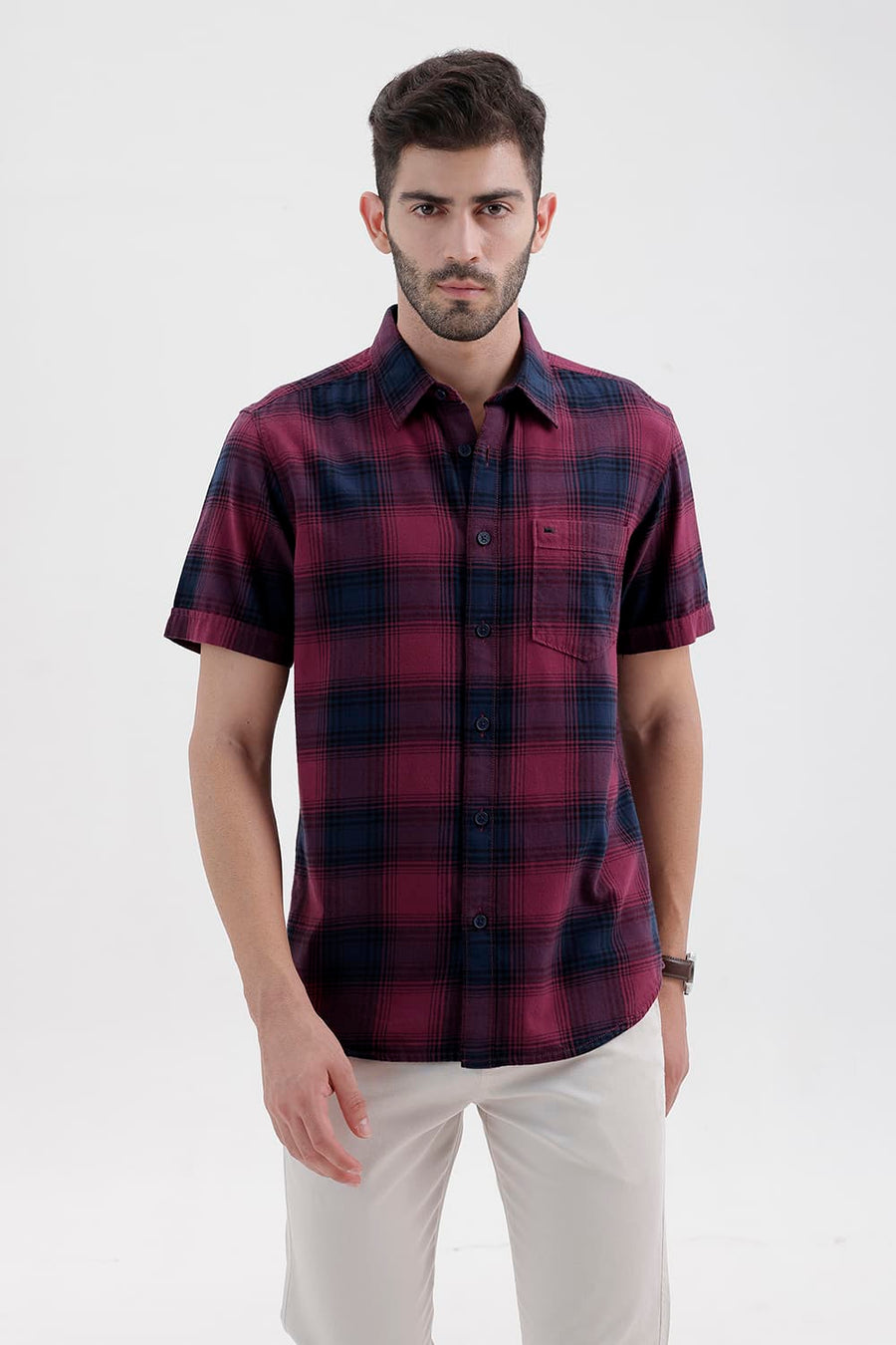 BASICS SLIM FIT DRY WINE COTTON BRUSHED TWILL CHECKS HALFSLEEVES SHIRT