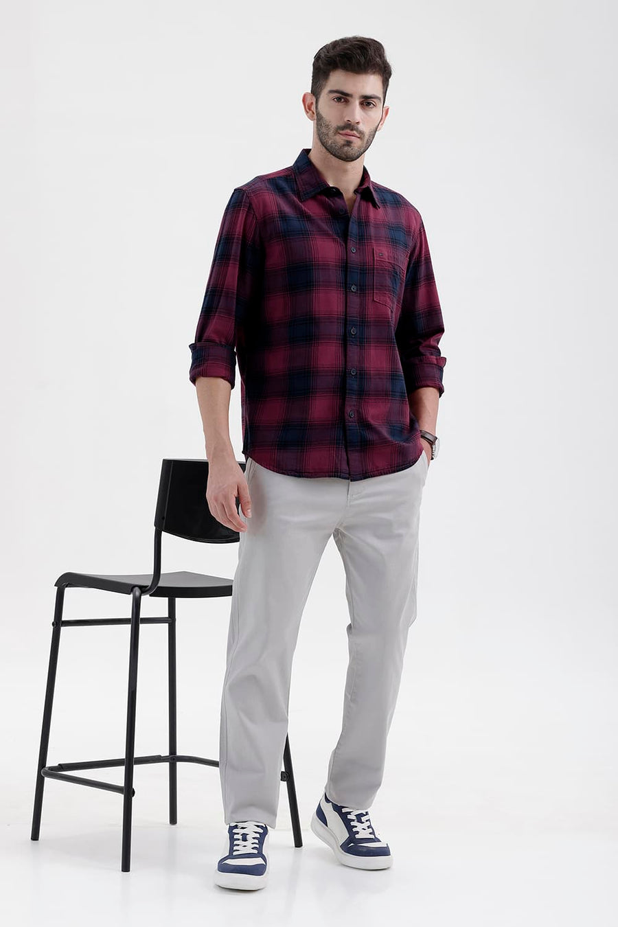 BASICS SLIM FIT DRY WINE COTTON BRUSHED TWILL CHECKS SHIRT