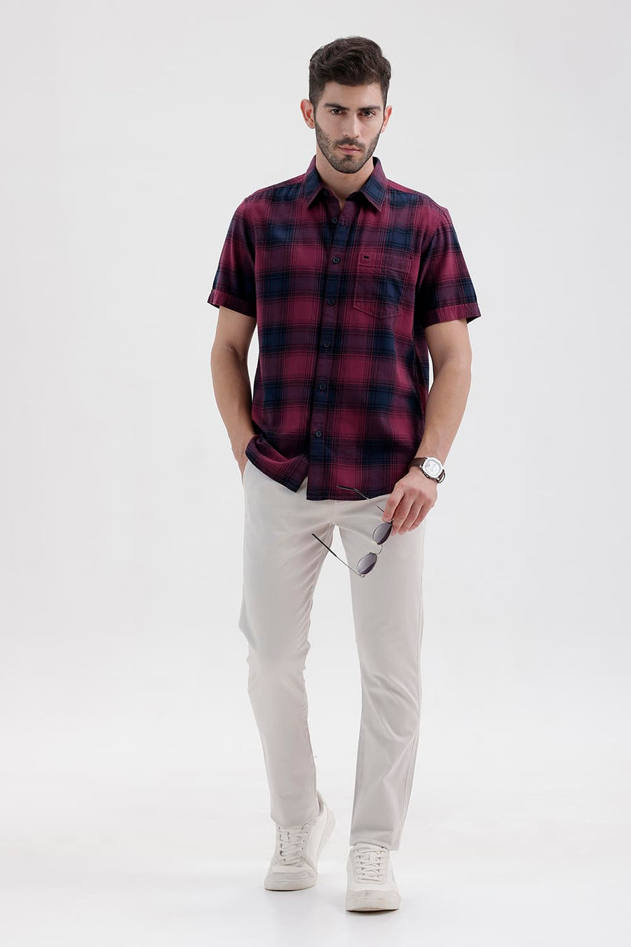 BASICS SLIM FIT DRY WINE COTTON BRUSHED TWILL CHECKS HALFSLEEVES SHIRT