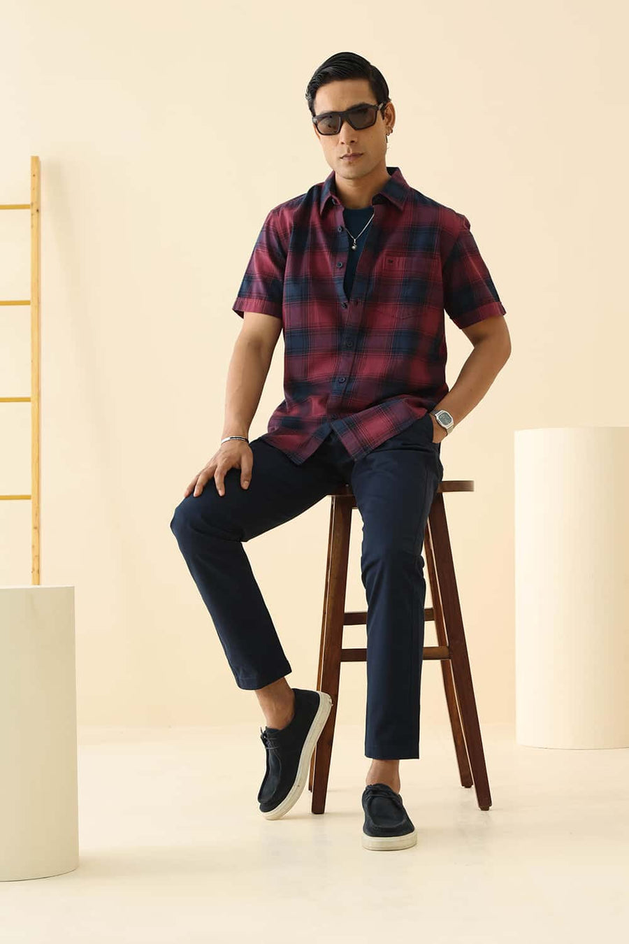 Basics Slim Fit Dry Wine Cotton Brushed Twill Checks Halfsleeves Shirt