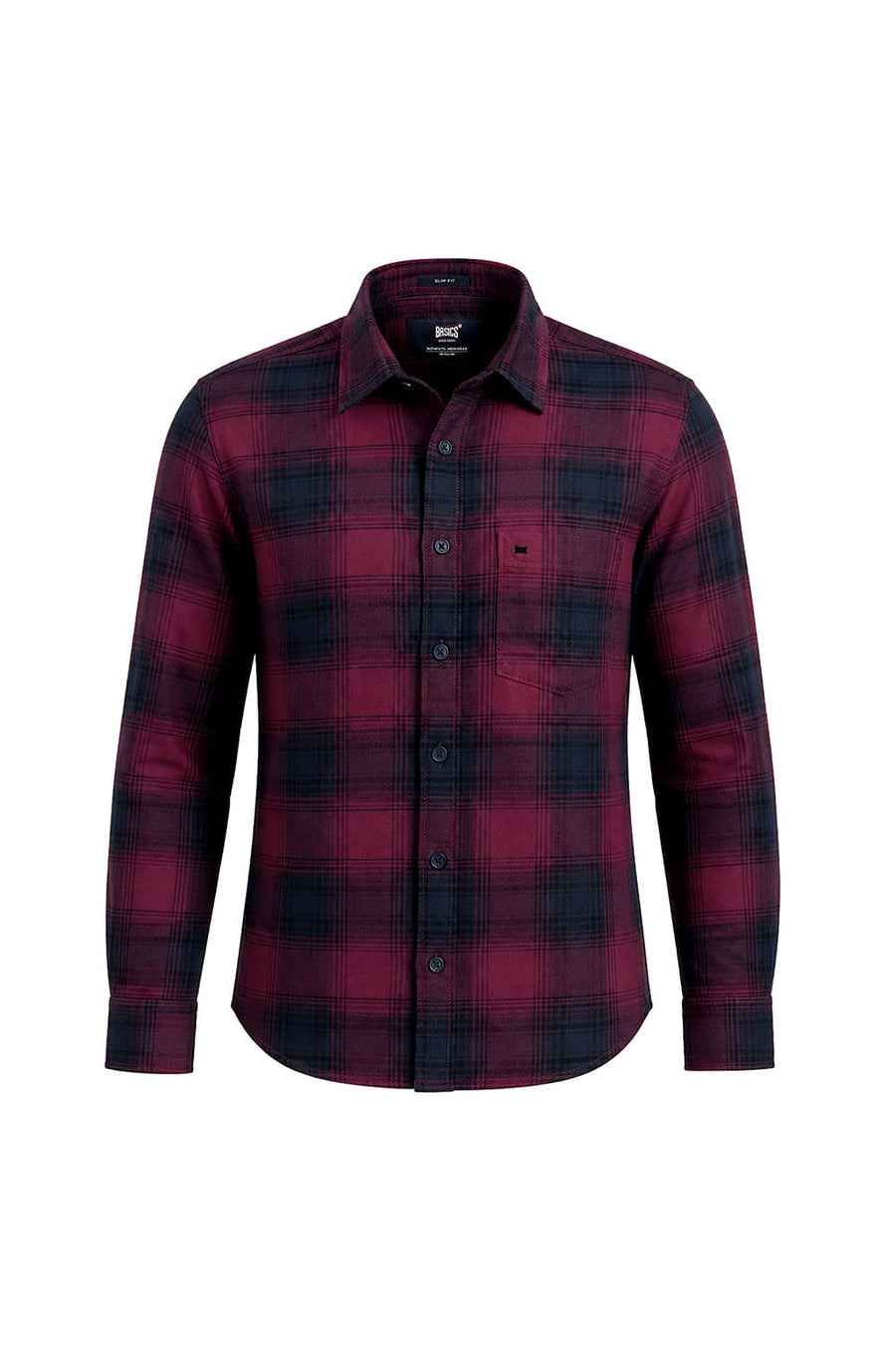 BASICS SLIM FIT DRY WINE COTTON BRUSHED TWILL CHECKS SHIRT