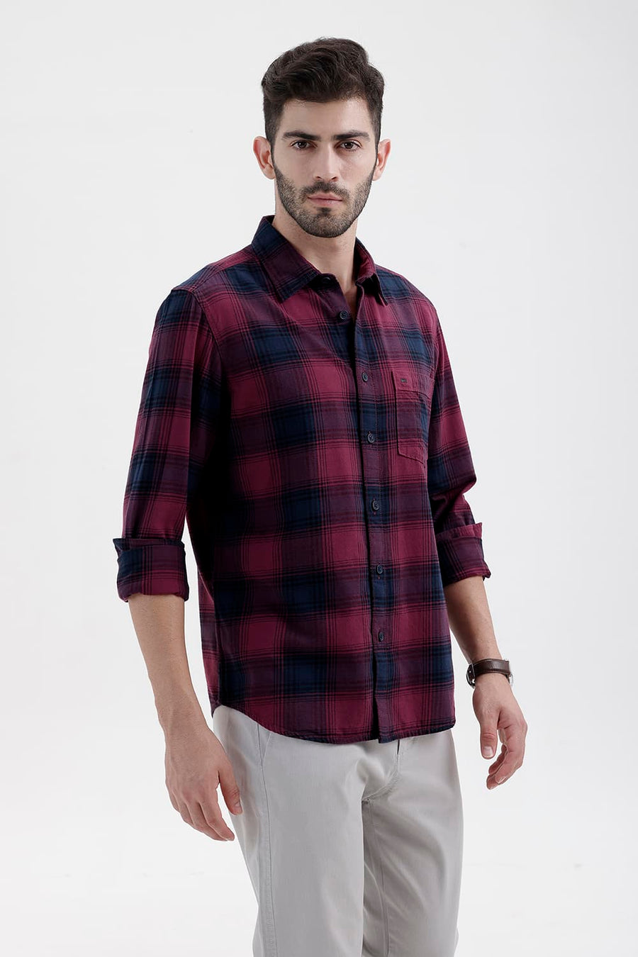 BASICS SLIM FIT DRY WINE COTTON BRUSHED TWILL CHECKS SHIRT