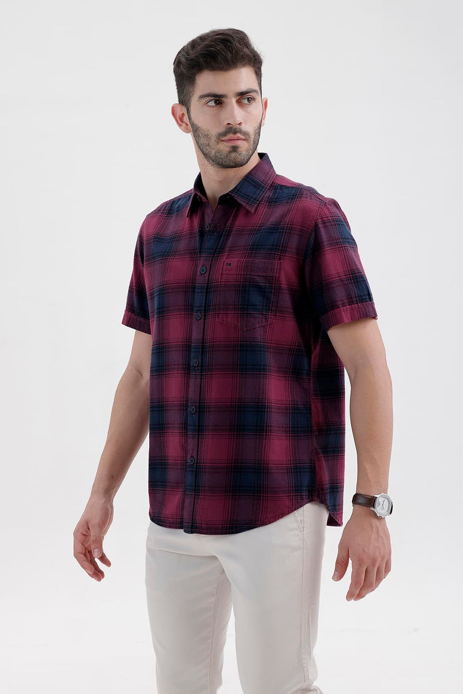 BASICS SLIM FIT DRY WINE COTTON BRUSHED TWILL CHECKS HALFSLEEVES SHIRT