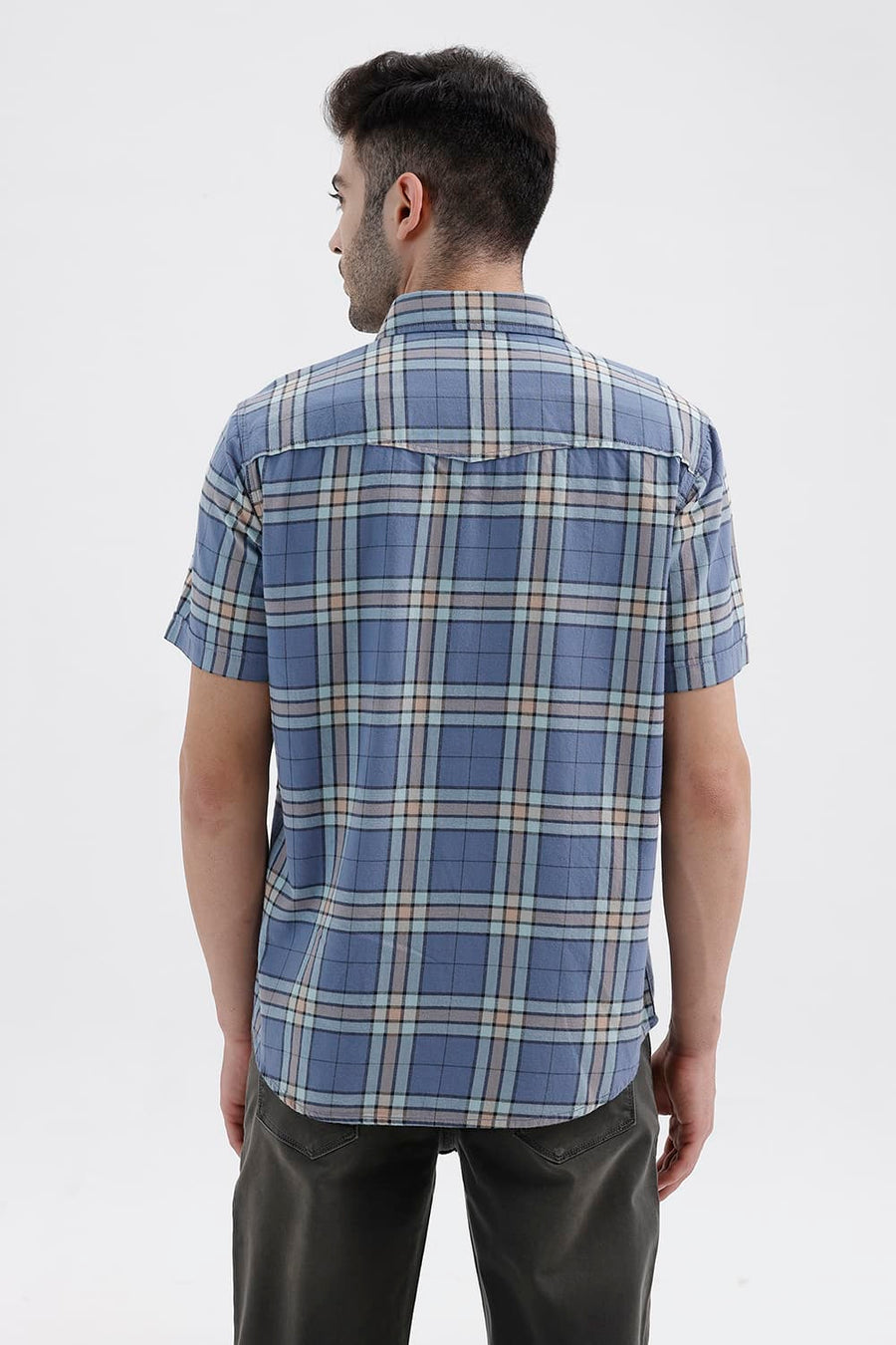 BASICS SLIM FIT BLUE HARBOR COTTON BRUSHED TWILL CHECKS HALFSLEEVES SHIRT