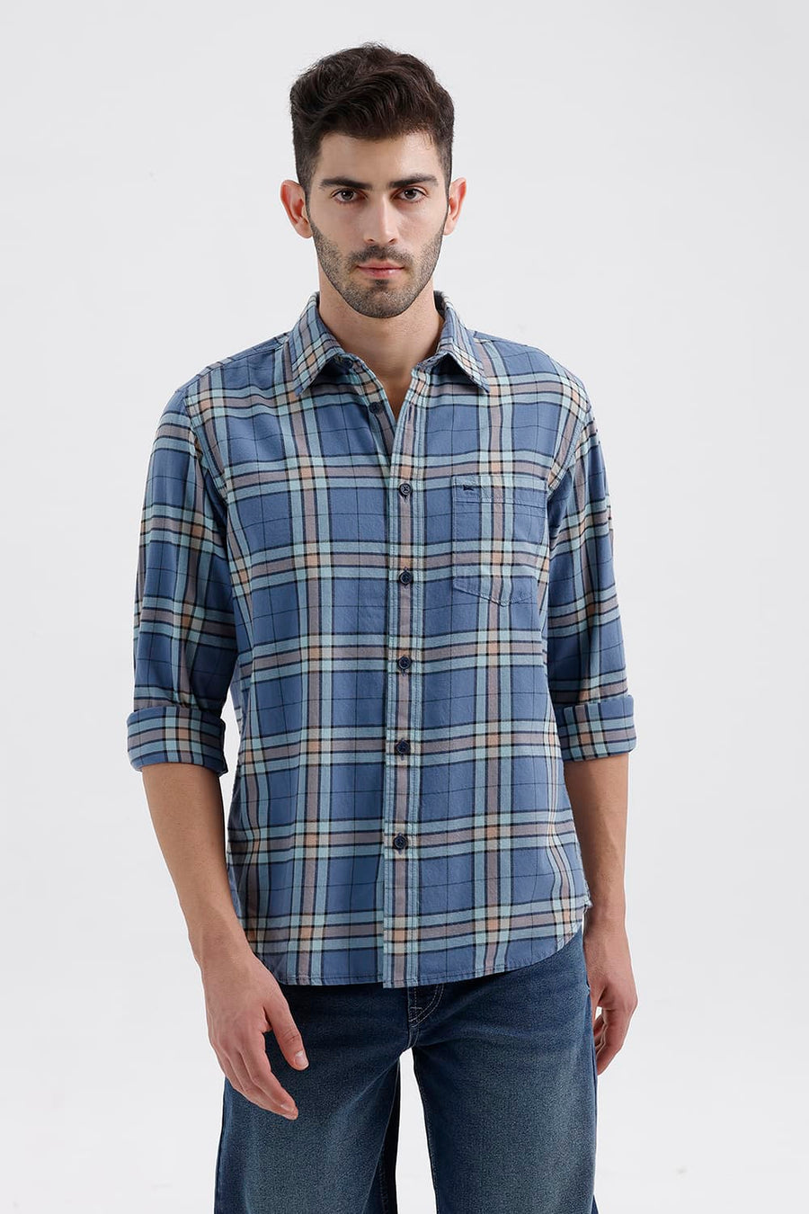 BASICS SLIM FIT BLUE HARBOR COTTON BRUSHED TWILL CHECKS SHIRT