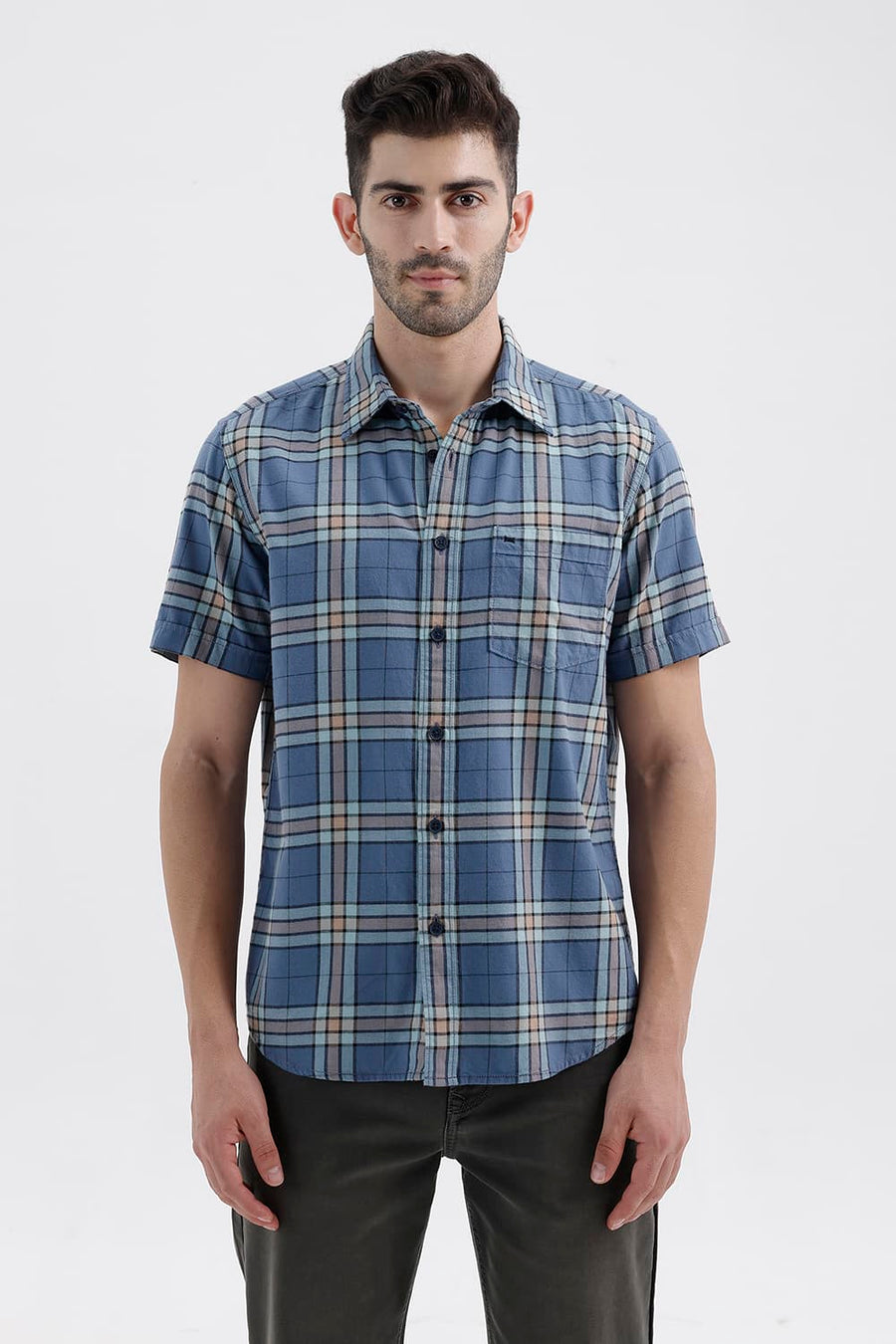 BASICS SLIM FIT BLUE HARBOR COTTON BRUSHED TWILL CHECKS HALFSLEEVES SHIRT