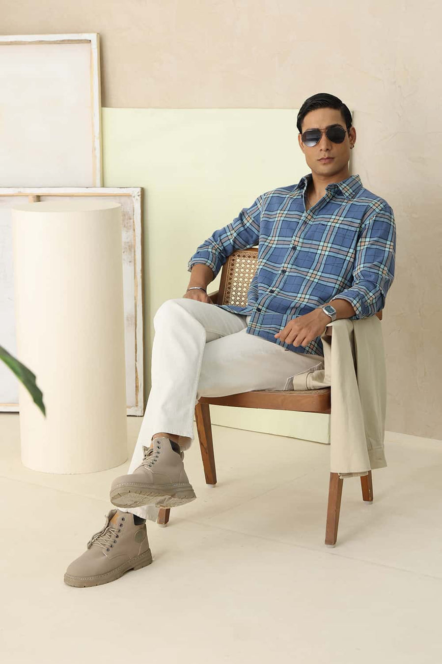 Basics Slim Fit Blue Harbor Cotton Brushed Twill Checks Shirt