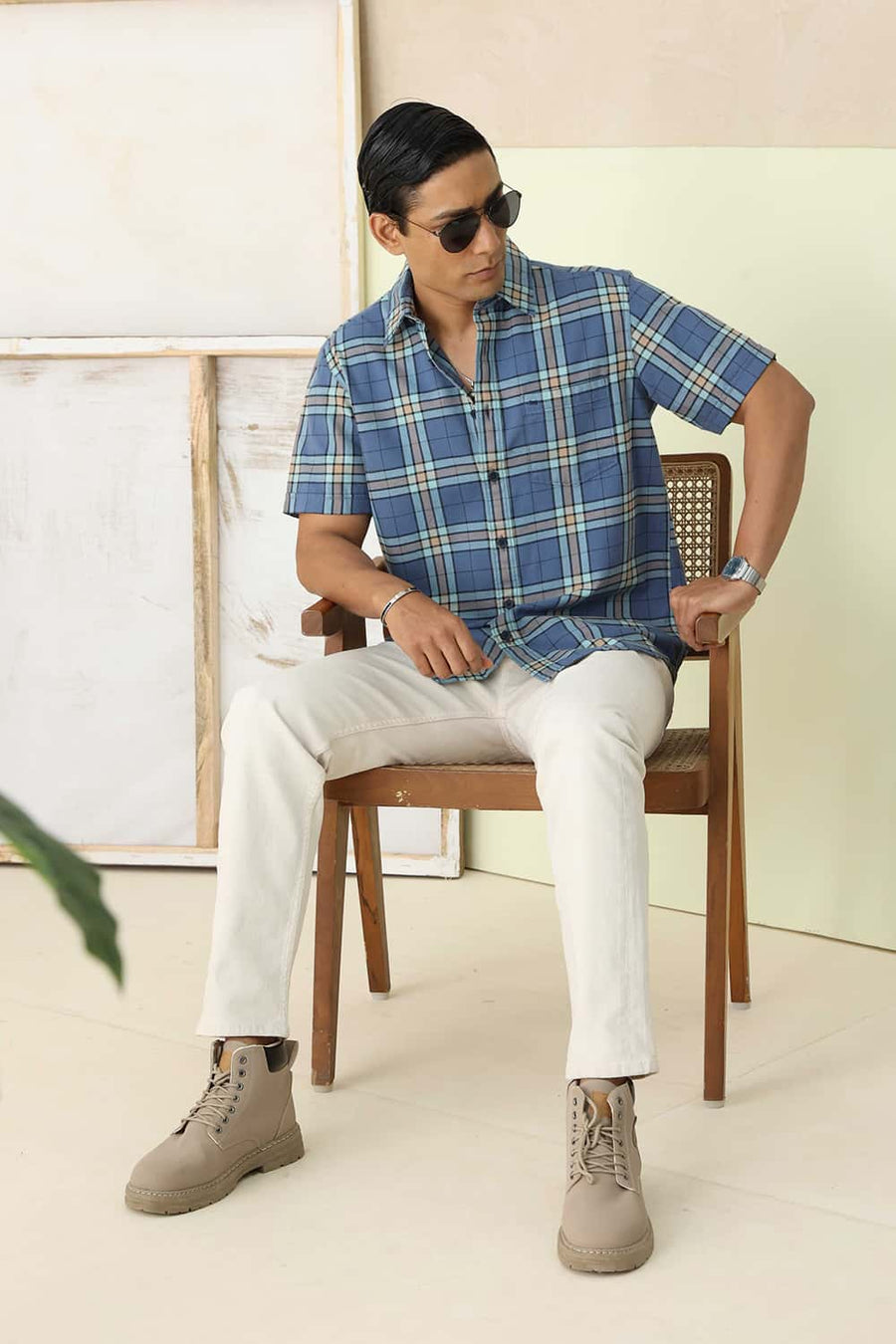 Basics Slim Fit Blue Harbor Cotton Brushed Twill Checks Halfsleeves Shirt