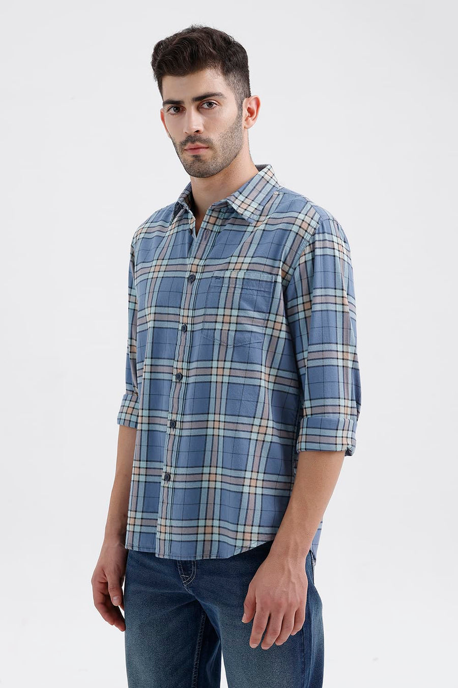 BASICS SLIM FIT BLUE HARBOR COTTON BRUSHED TWILL CHECKS SHIRT