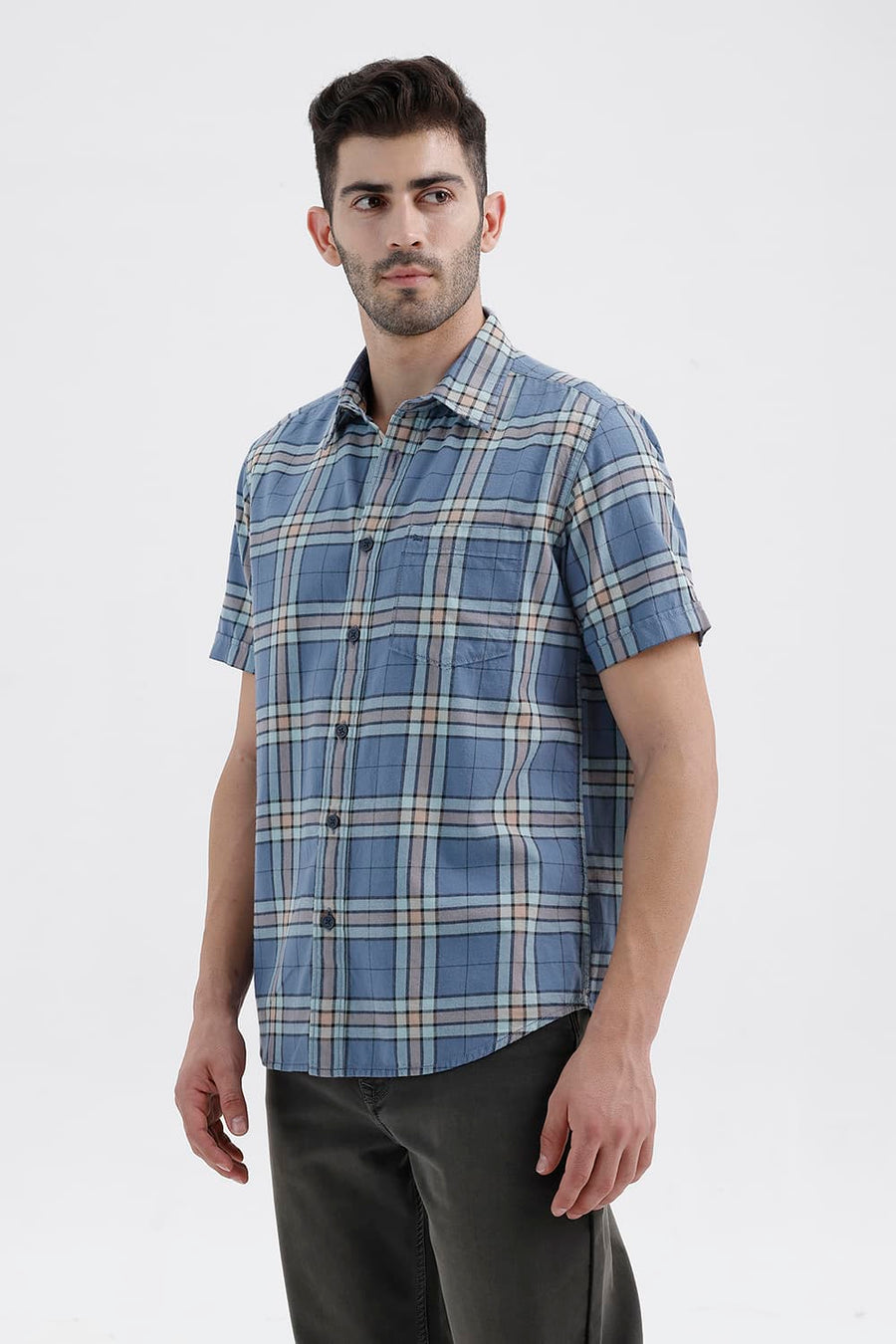 BASICS SLIM FIT BLUE HARBOR COTTON BRUSHED TWILL CHECKS HALFSLEEVES SHIRT