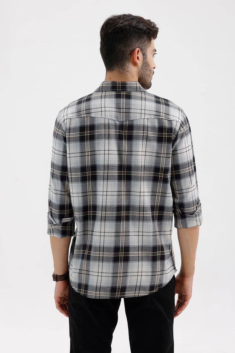 BASICS SLIM FIT BEIGE ONYX COTTON BRUSHED TWILL CHECKS SHIRT