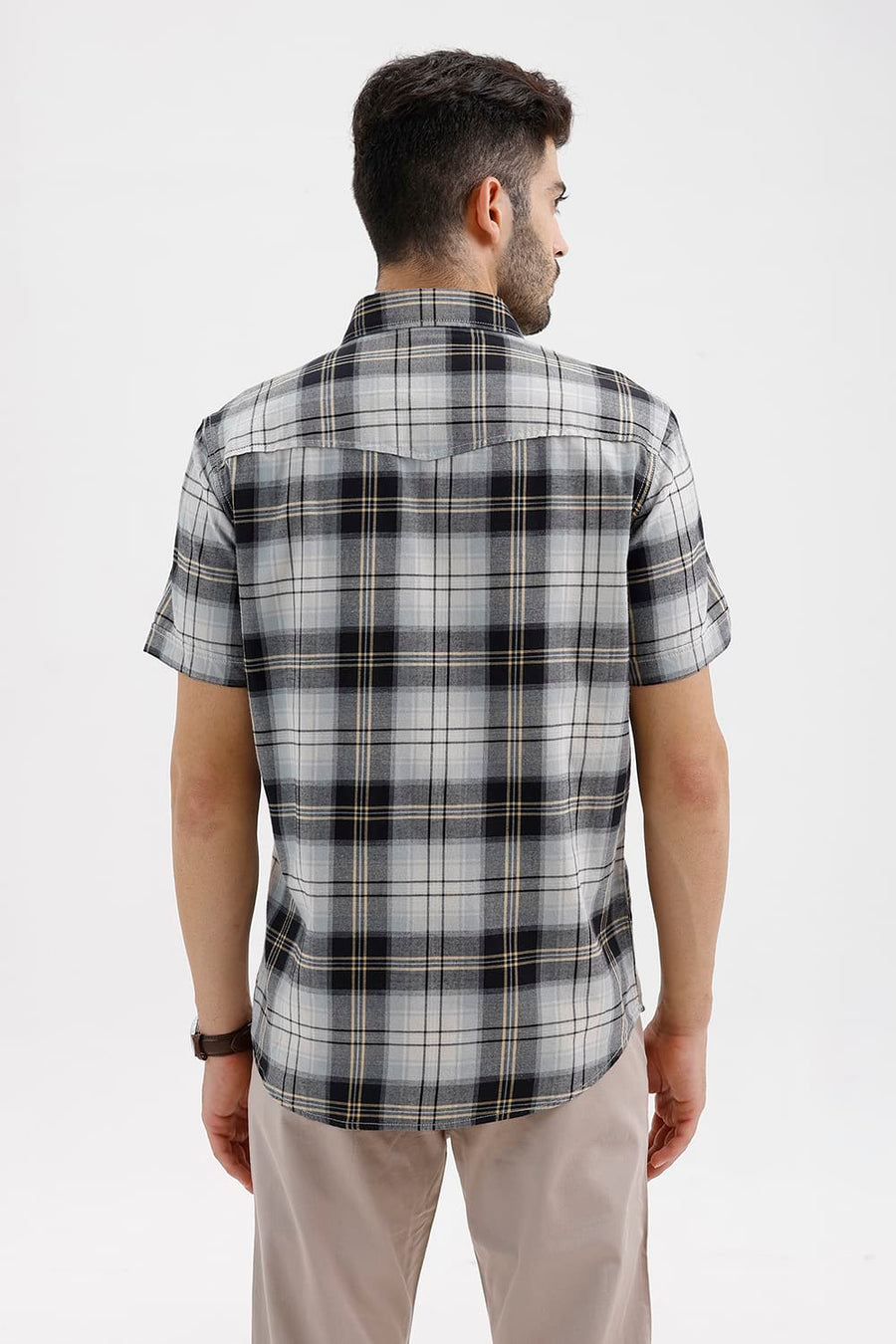 BASICS SLIM FIT BEIGE ONYX COTTON BRUSHED TWILL CHECKS HALFSLEEVES SHIRT