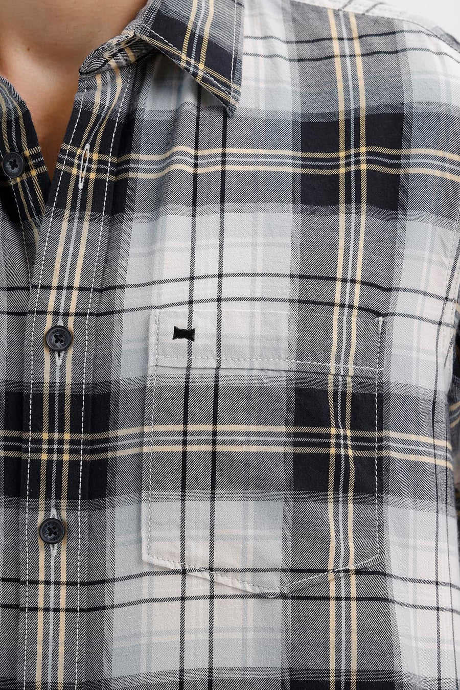 BASICS SLIM FIT BEIGE ONYX COTTON BRUSHED TWILL CHECKS HALFSLEEVES SHIRT