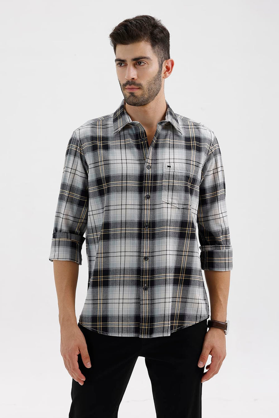 BASICS SLIM FIT BEIGE ONYX COTTON BRUSHED TWILL CHECKS SHIRT