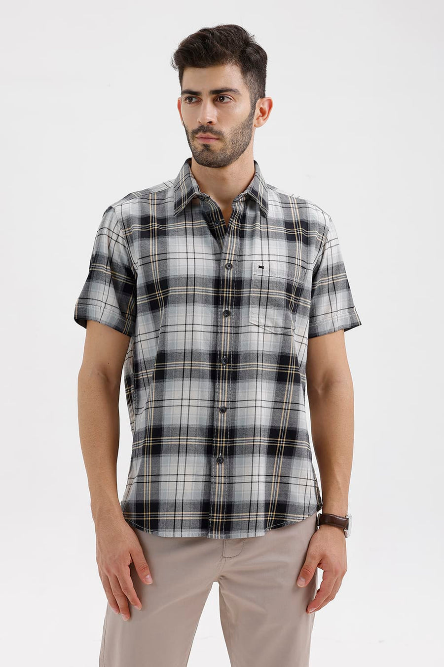 BASICS SLIM FIT BEIGE ONYX COTTON BRUSHED TWILL CHECKS HALFSLEEVES SHIRT