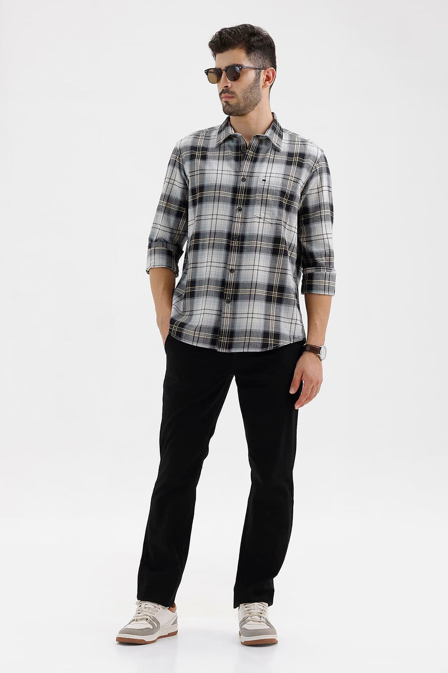 BASICS SLIM FIT BEIGE ONYX COTTON BRUSHED TWILL CHECKS SHIRT