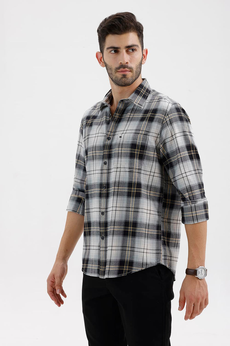 BASICS SLIM FIT BEIGE ONYX COTTON BRUSHED TWILL CHECKS SHIRT