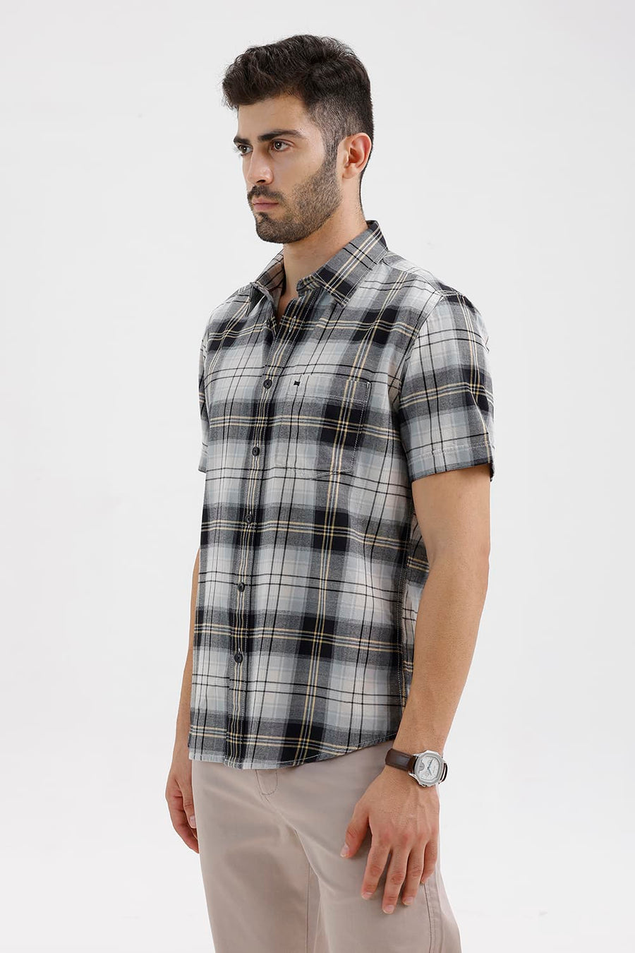 BASICS SLIM FIT BEIGE ONYX COTTON BRUSHED TWILL CHECKS HALFSLEEVES SHIRT