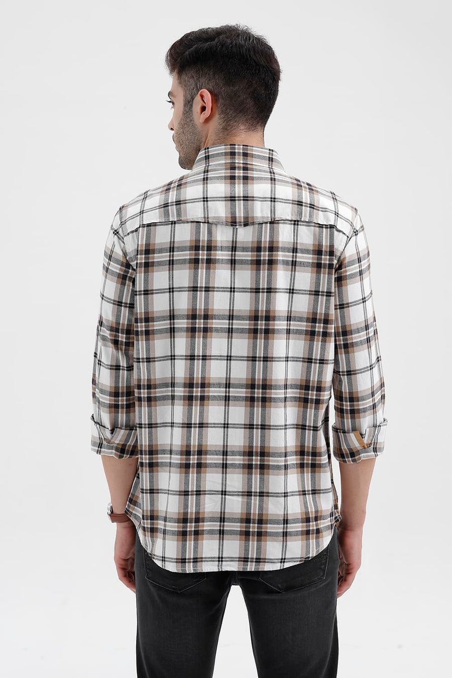 BASICS SLIM FIT LUCENT ECRU COTTON BRUSHED TWILL CHECKS SHIRT