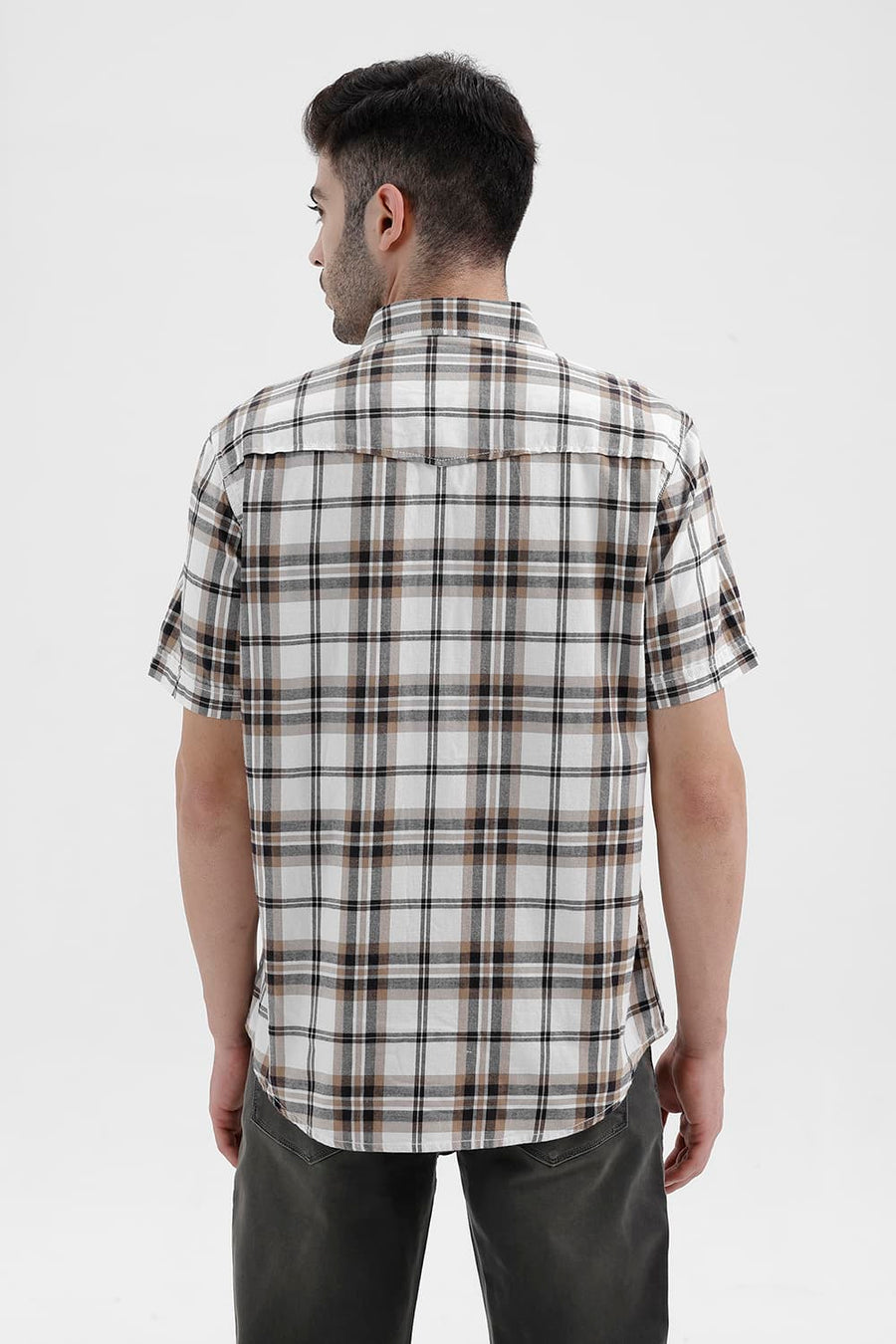 BASICS SLIM FIT LUCENT ECRU COTTON BRUSHED TWILL CHECKS HALFSLEEVES SHIRT
