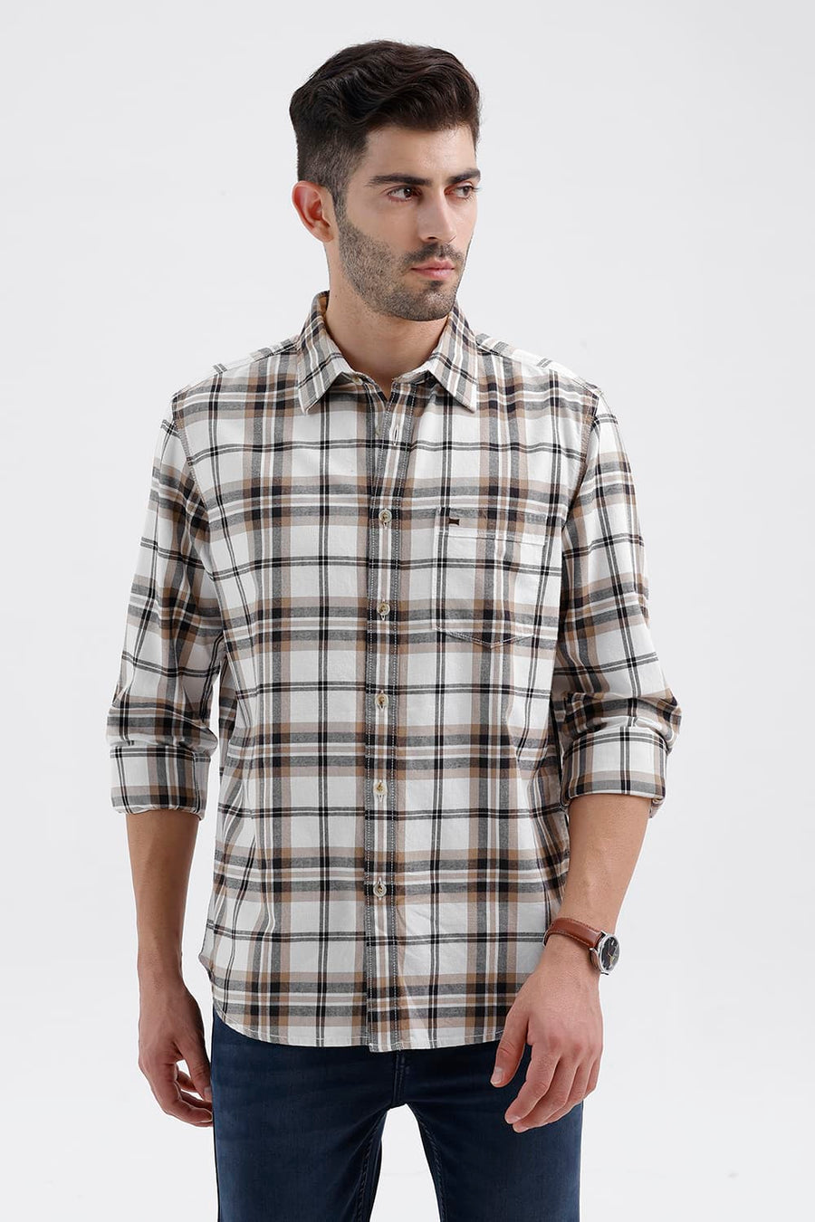 BASICS SLIM FIT LUCENT ECRU COTTON BRUSHED TWILL CHECKS SHIRT