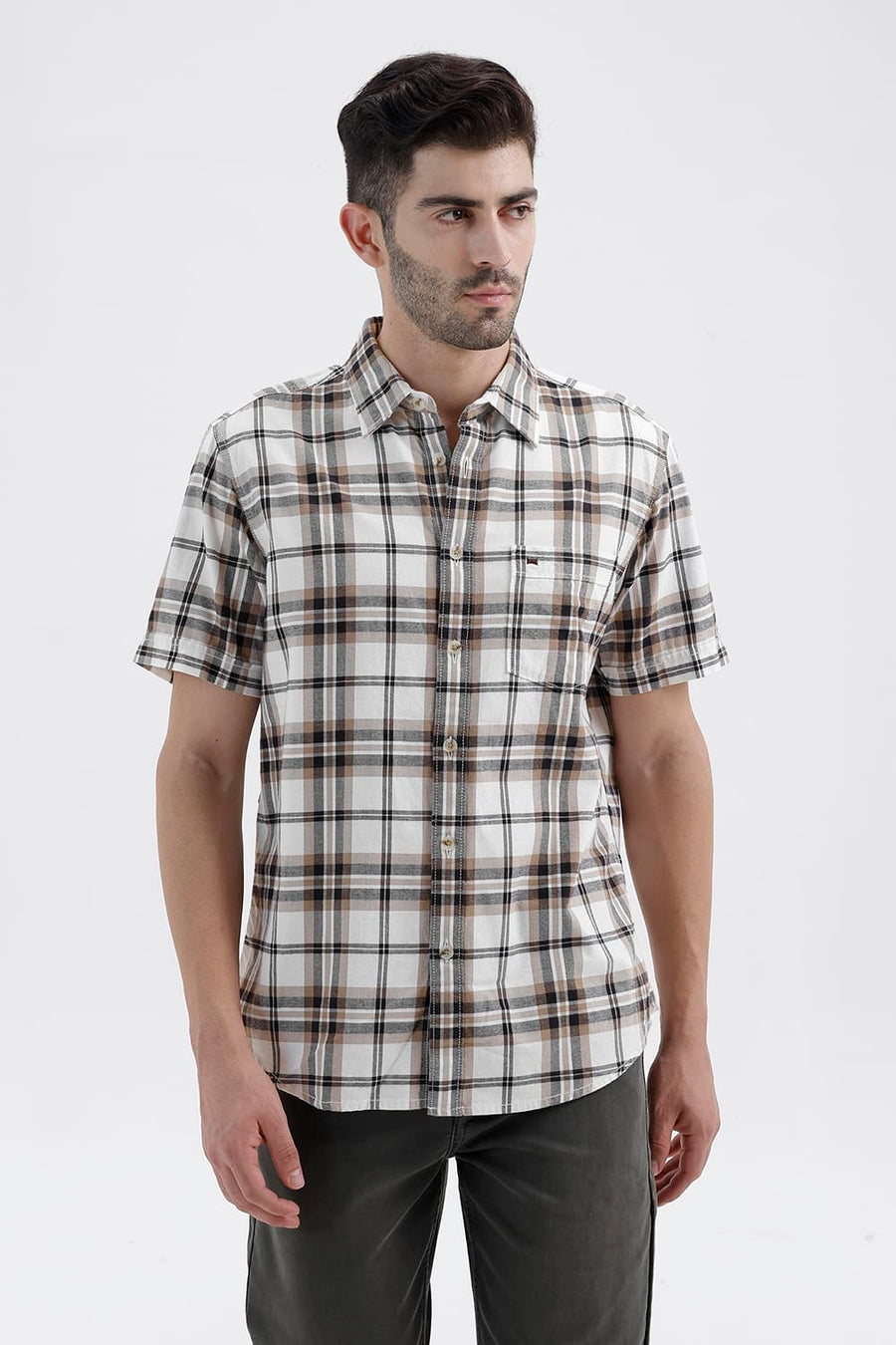 BASICS SLIM FIT LUCENT ECRU COTTON BRUSHED TWILL CHECKS HALFSLEEVES SHIRT