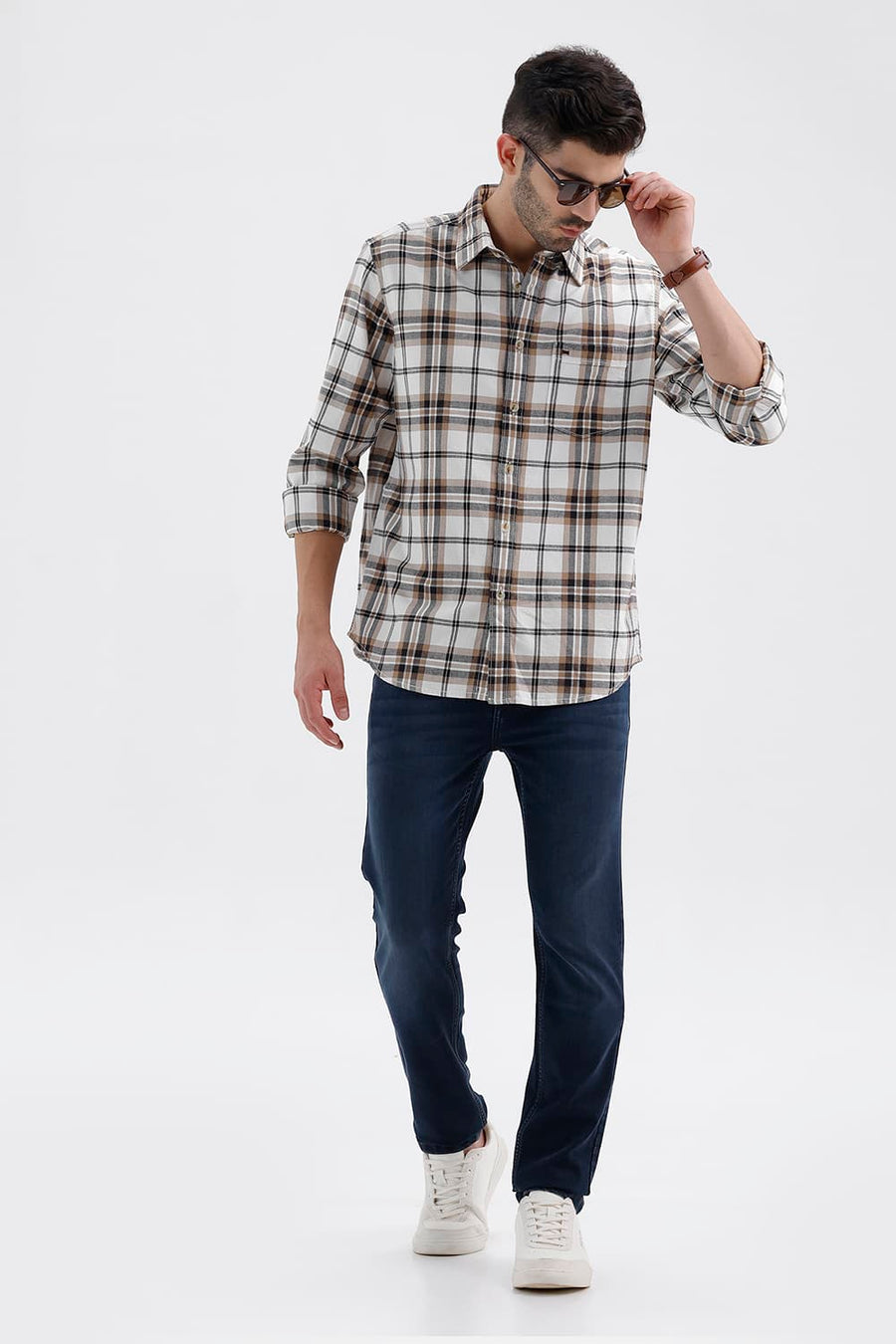 BASICS SLIM FIT LUCENT ECRU COTTON BRUSHED TWILL CHECKS SHIRT