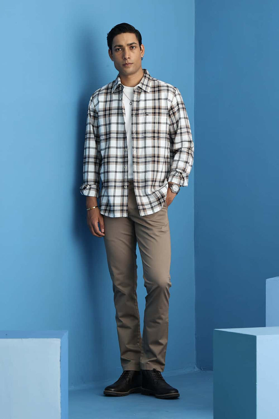 Basics Slim Fit Lucent Ecru Cotton Brushed Twill Checks Shirt