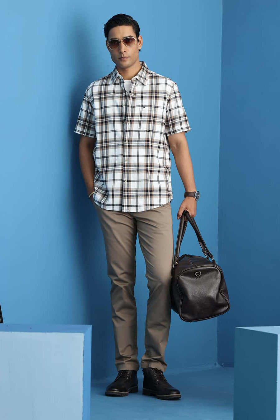 Basics Slim Fit Lucent Ecru Cotton Brushed Twill Checks Halfsleeves Shirt