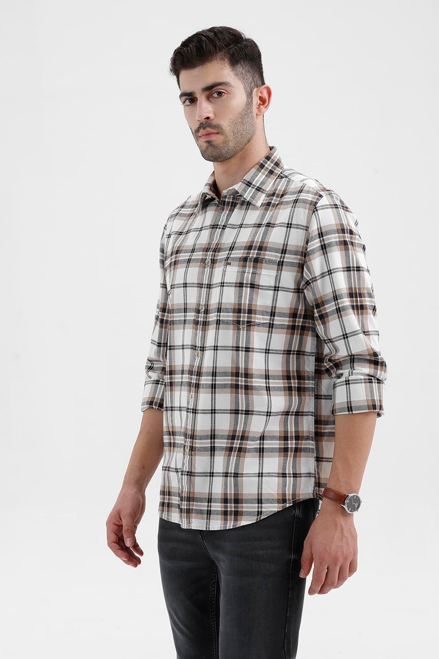 BASICS SLIM FIT LUCENT ECRU COTTON BRUSHED TWILL CHECKS SHIRT