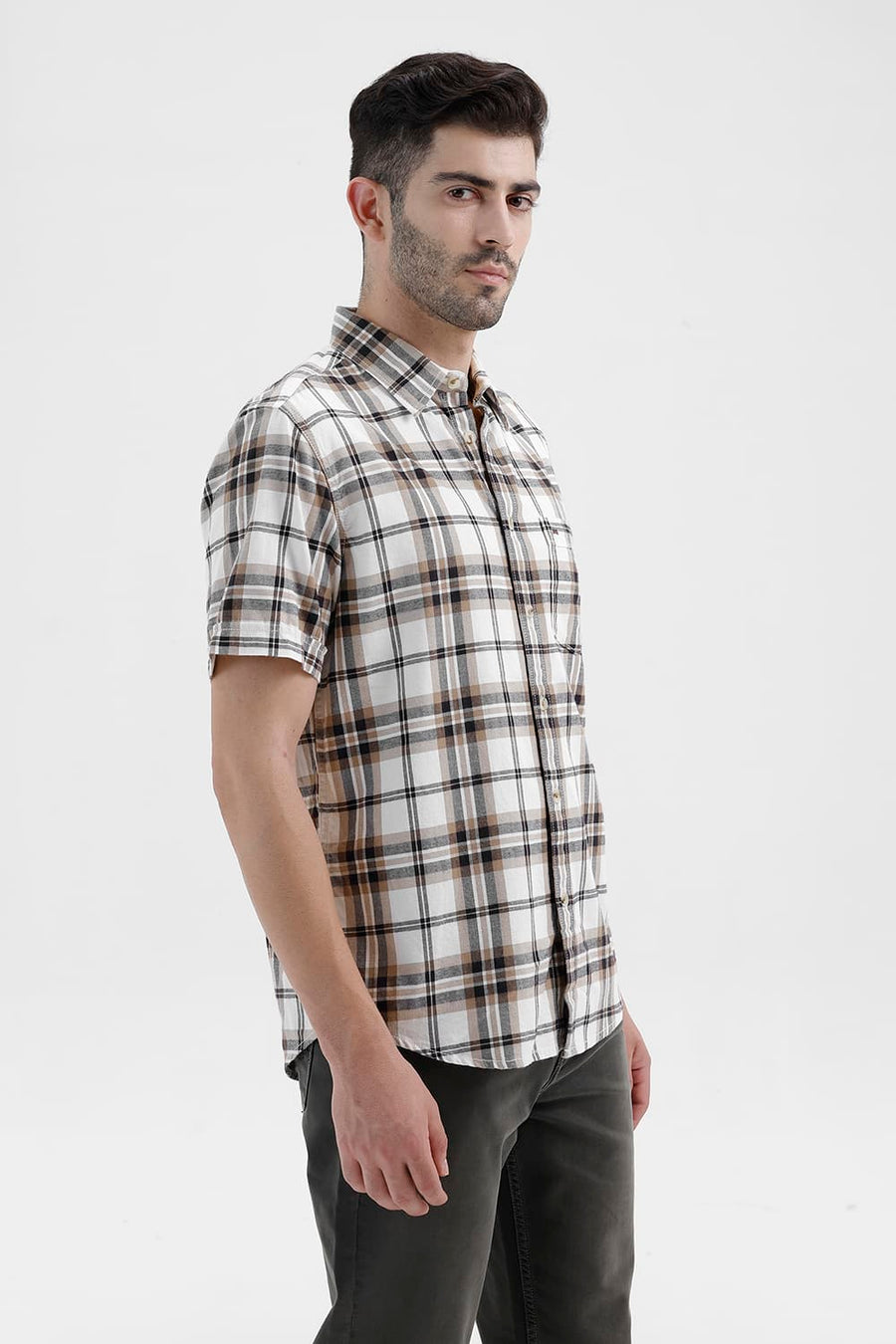 BASICS SLIM FIT LUCENT ECRU COTTON BRUSHED TWILL CHECKS HALFSLEEVES SHIRT