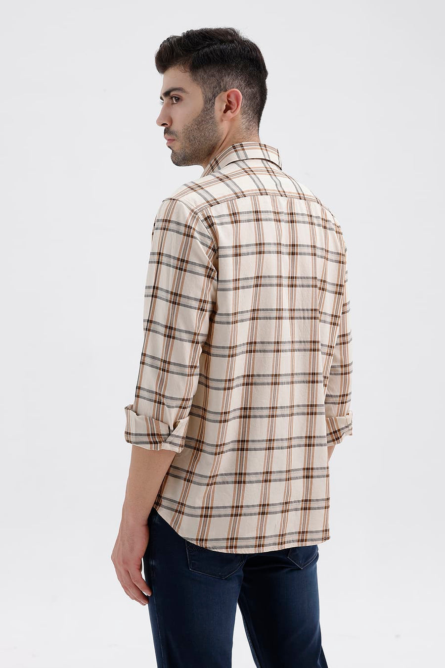 BASICS SLIM FIT BEIGE SAND COTTON TWILL CHECKS SHIRT