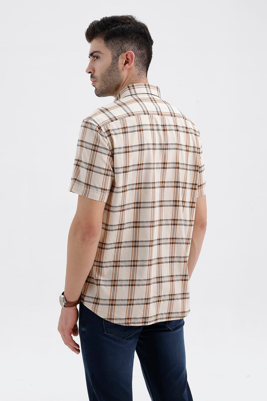 BASICS SLIM FIT BEIGE SAND COTTON TWILL CHECKS HALFSLEEVES SHIRT