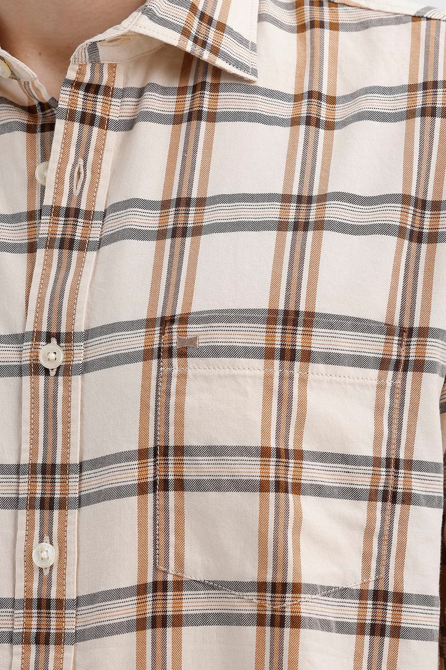 BASICS SLIM FIT BEIGE SAND COTTON TWILL CHECKS SHIRT