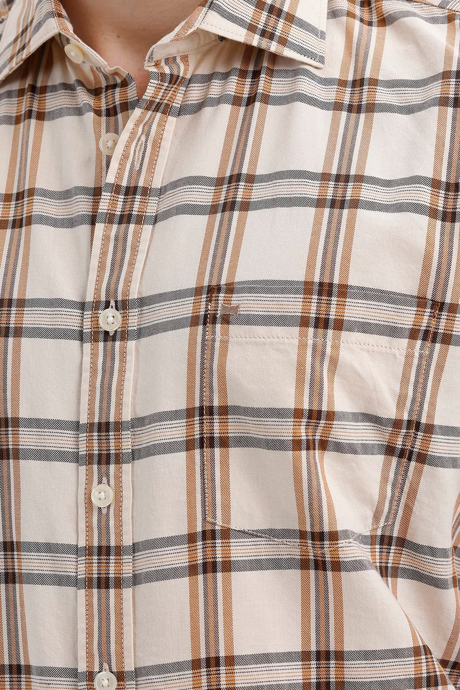 BASICS SLIM FIT BEIGE SAND COTTON TWILL CHECKS HALFSLEEVES SHIRT