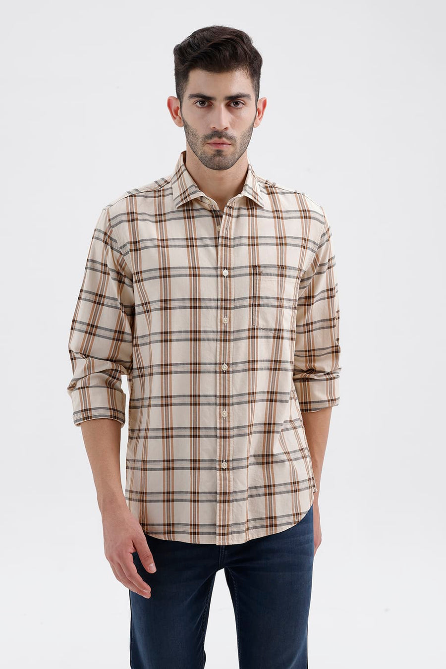 BASICS SLIM FIT BEIGE SAND COTTON TWILL CHECKS SHIRT