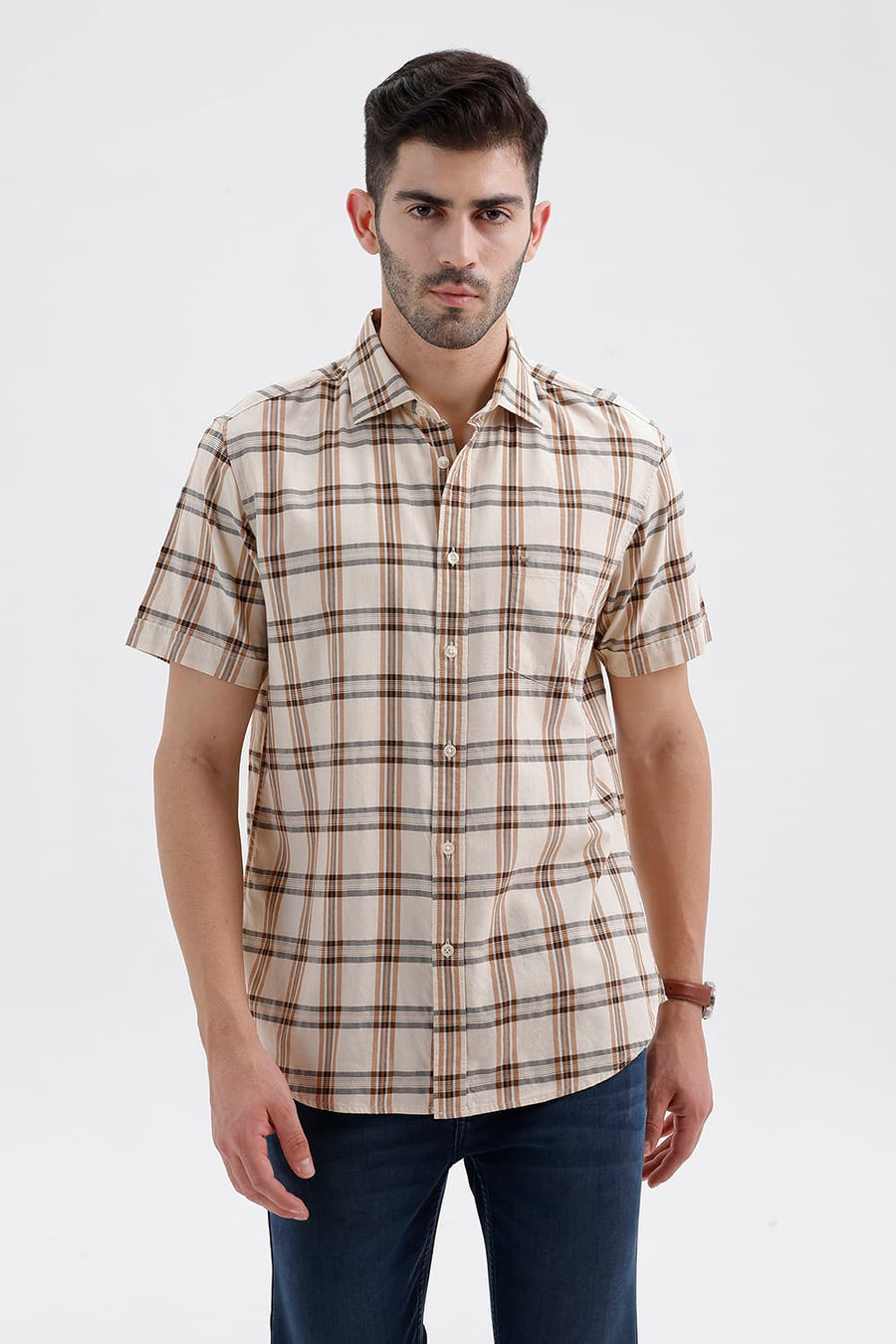 BASICS SLIM FIT BEIGE SAND COTTON TWILL CHECKS HALFSLEEVES SHIRT