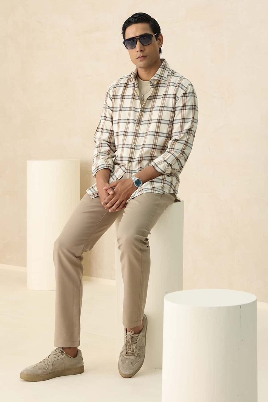 Basics Slim Fit Beige Sand Cotton Twill Checks Shirt