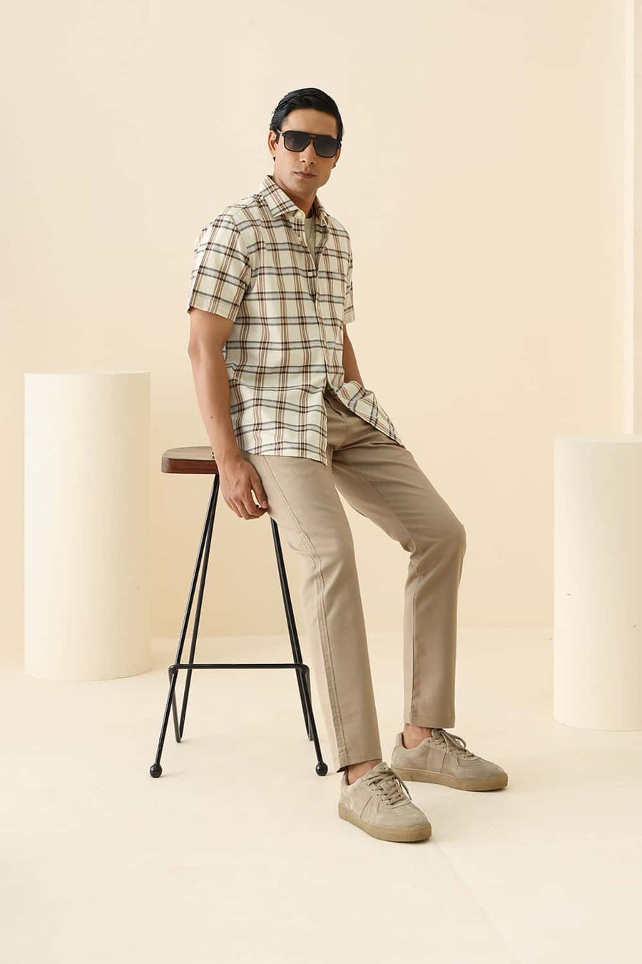 Basics Slim Fit Beige Sand Cotton Twill Checks Halfsleeves Shirt
