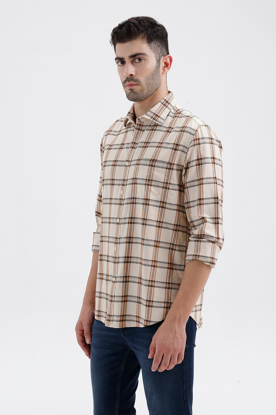 BASICS SLIM FIT BEIGE SAND COTTON TWILL CHECKS SHIRT