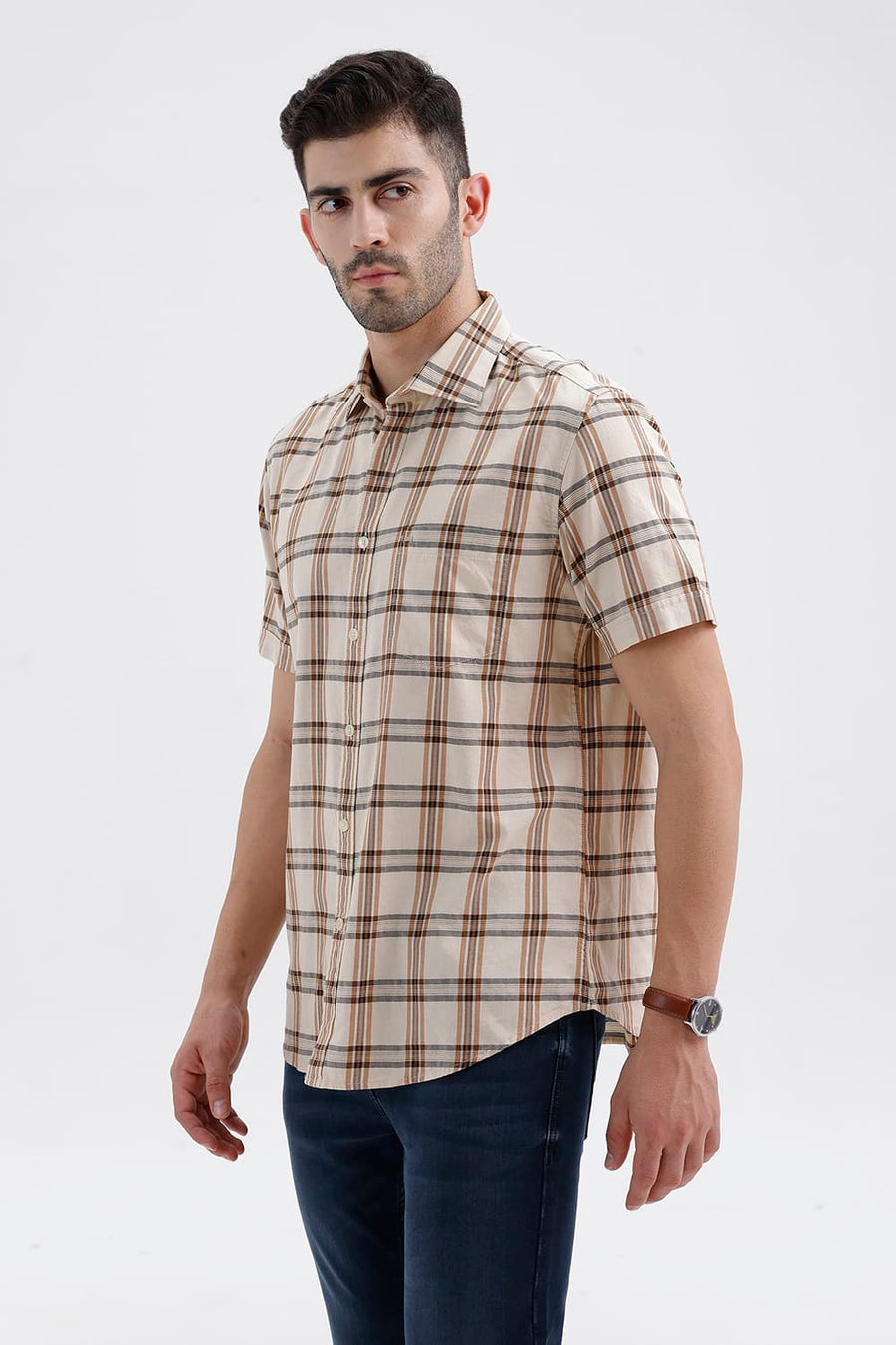 BASICS SLIM FIT BEIGE SAND COTTON TWILL CHECKS HALFSLEEVES SHIRT