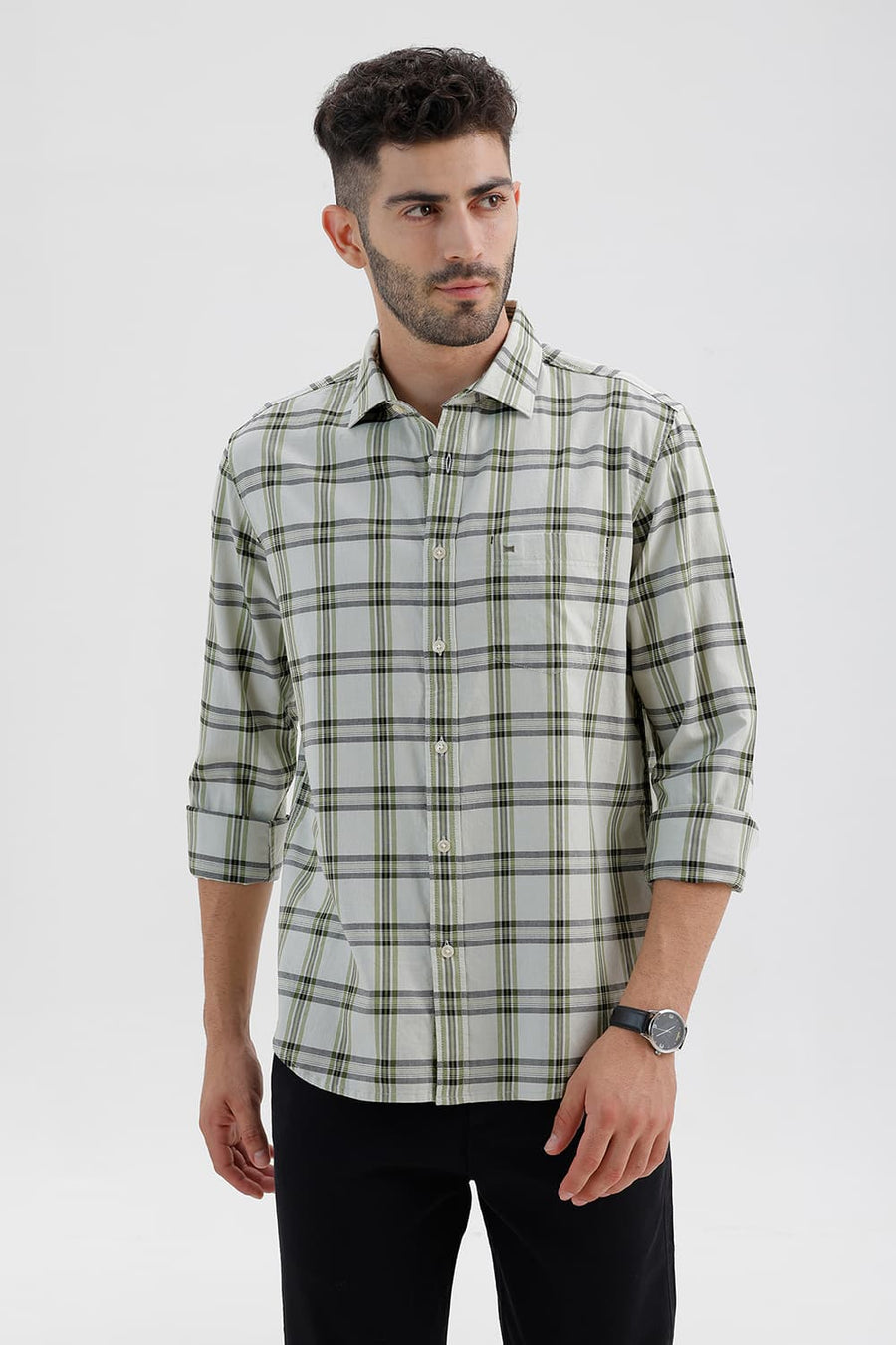 BASICS SLIM FIT WATER LILY COTTON TWILL CHECKS SHIRT