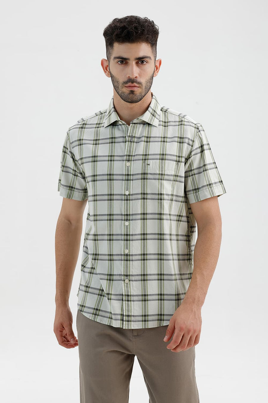 BASICS SLIM FIT WATER LILY COTTON TWILL CHECKS HALFSLEEVES SHIRT