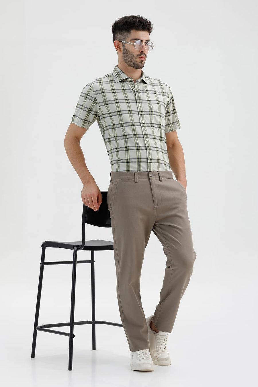 BASICS SLIM FIT WATER LILY COTTON TWILL CHECKS HALFSLEEVES SHIRT