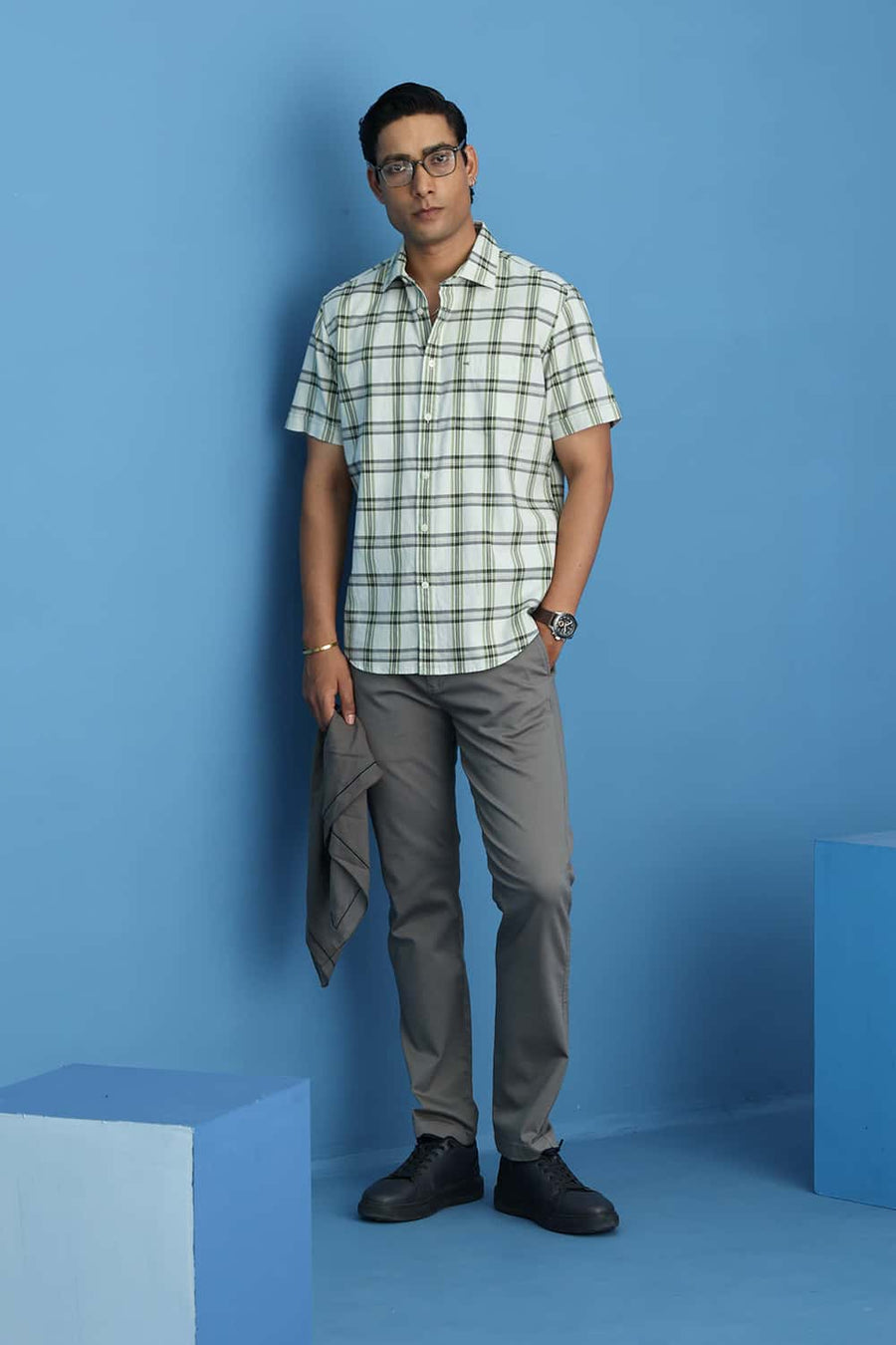 Basics Slim Fit Water Lily Cotton Twill Checks Halfsleeves Shirt