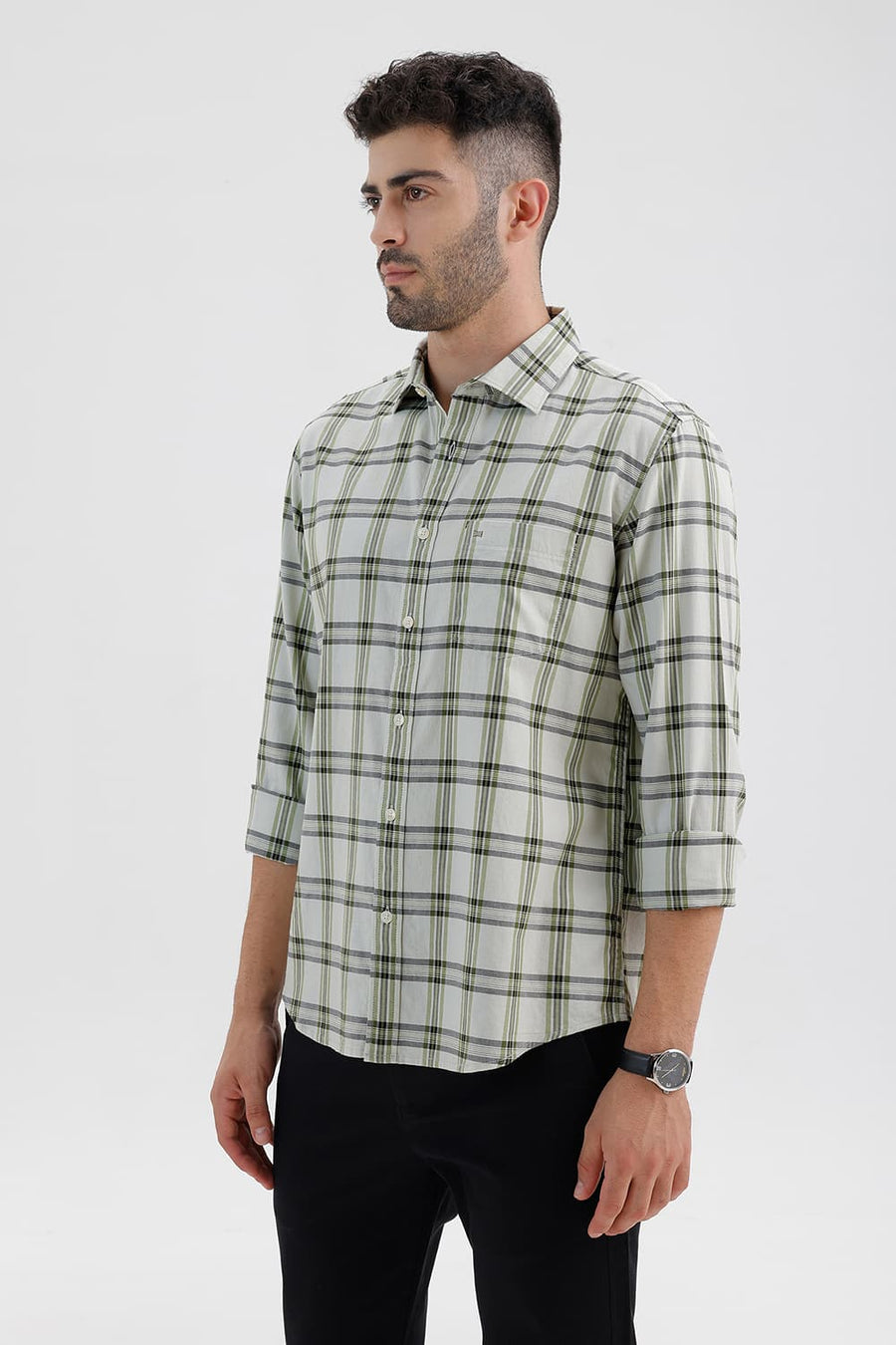 BASICS SLIM FIT WATER LILY COTTON TWILL CHECKS SHIRT