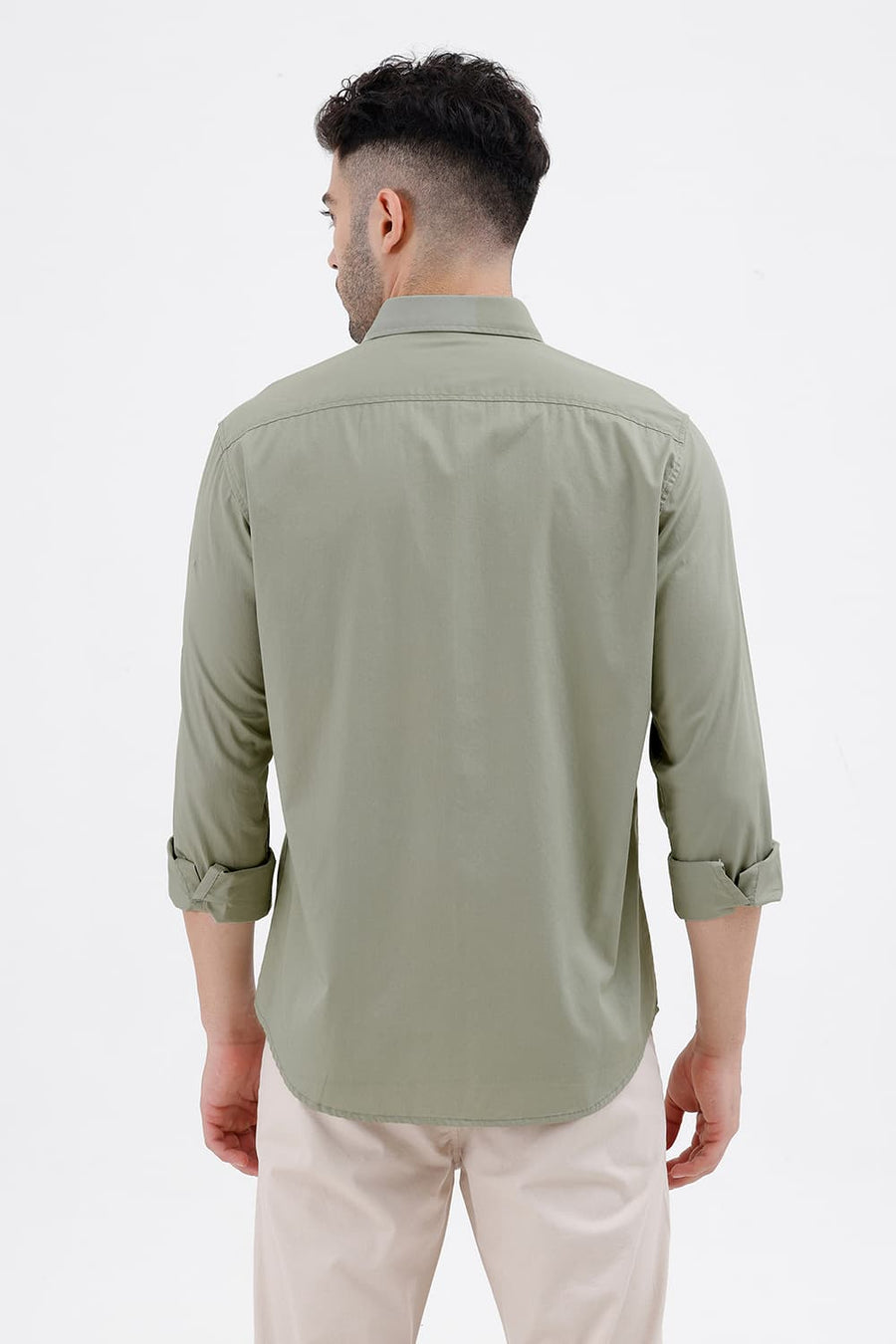 BASICS SLIM FIT TEA GREEN COTTON TWILL SHIRT