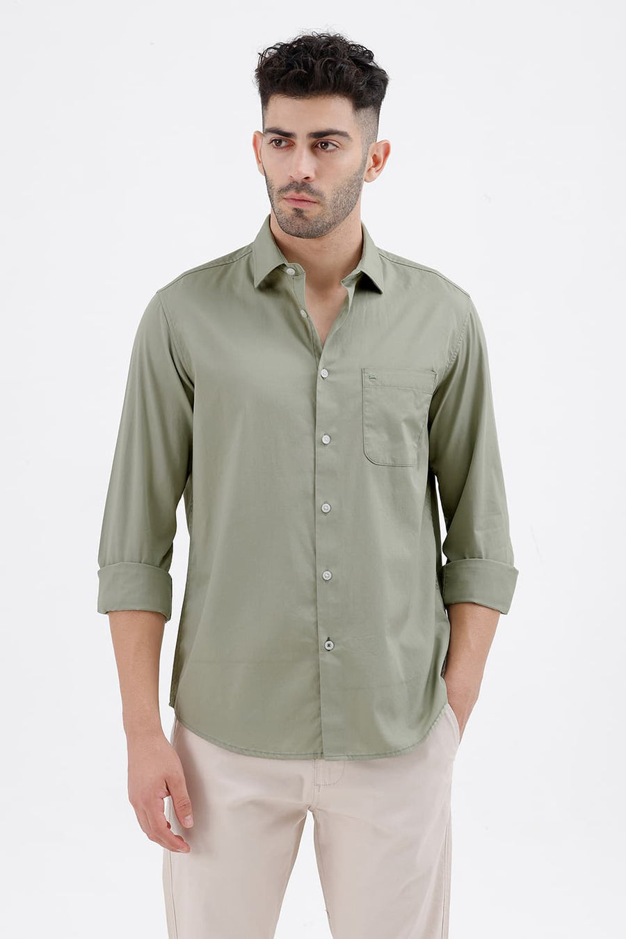 BASICS SLIM FIT TEA GREEN COTTON TWILL SHIRT