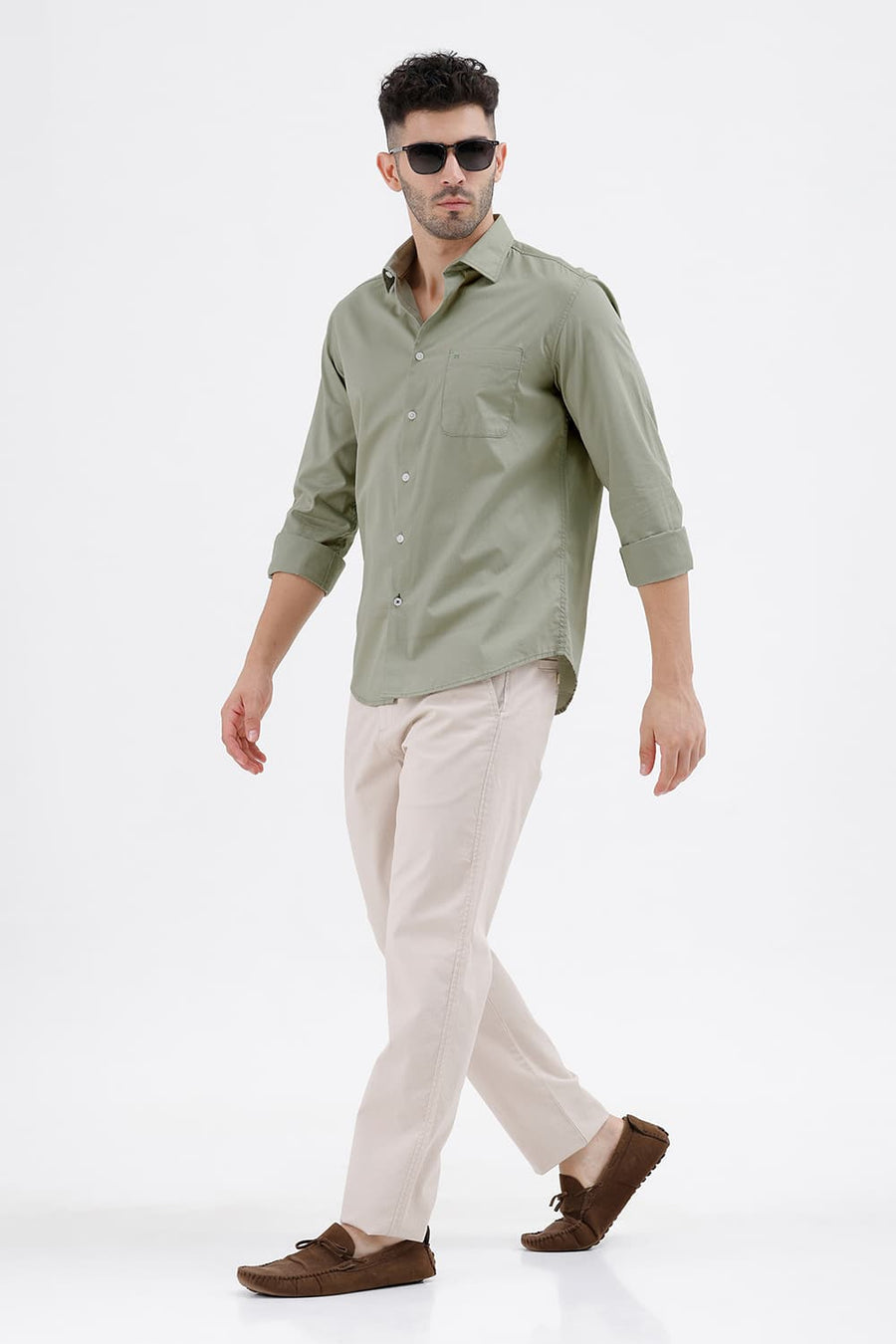 BASICS SLIM FIT TEA GREEN COTTON TWILL SHIRT
