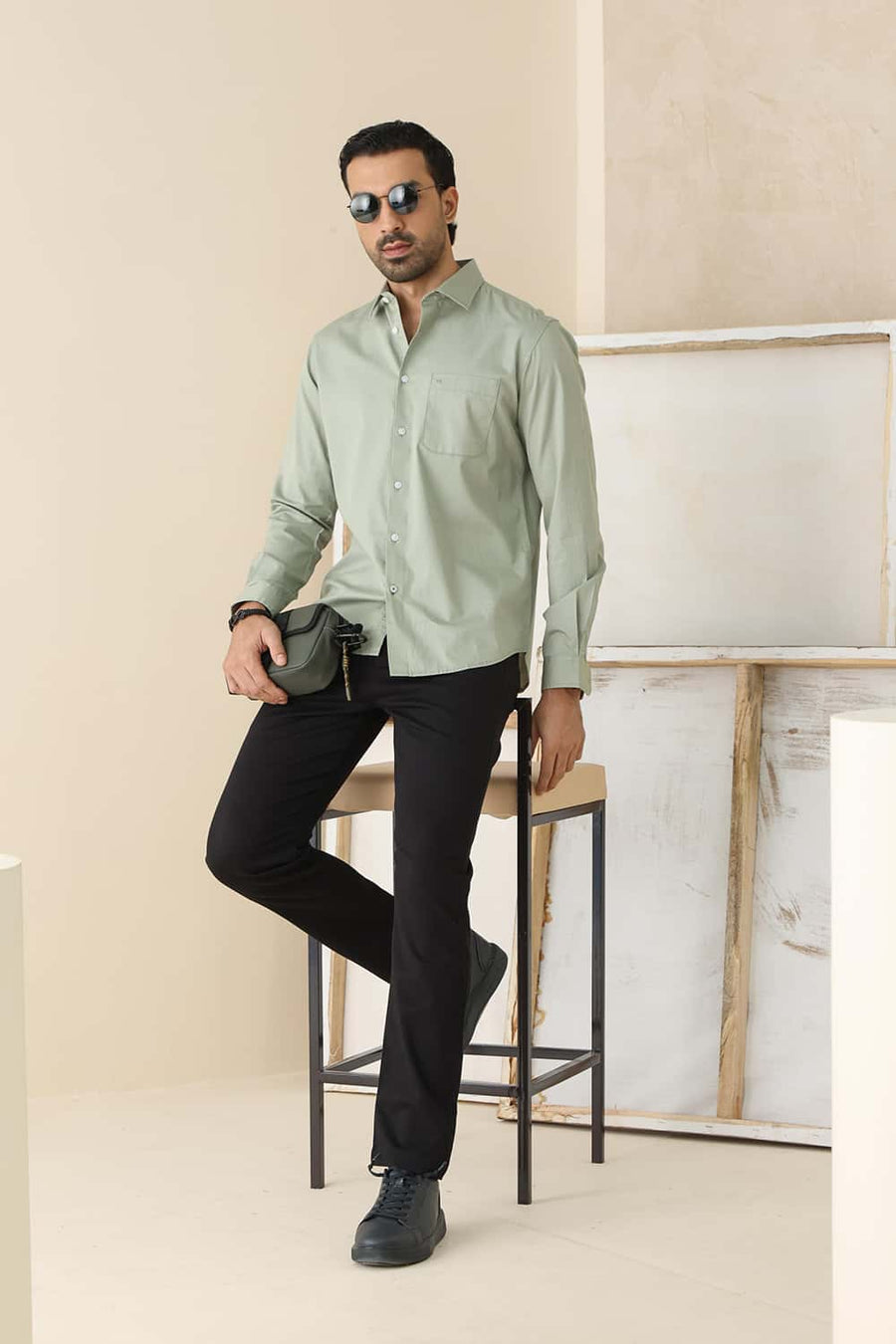 BASICS SLIM FIT TEA GREEN COTTON TWILL SHIRT